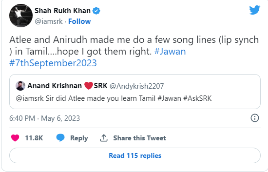 SRK's Twitter Post about learning Tamil for Jawan